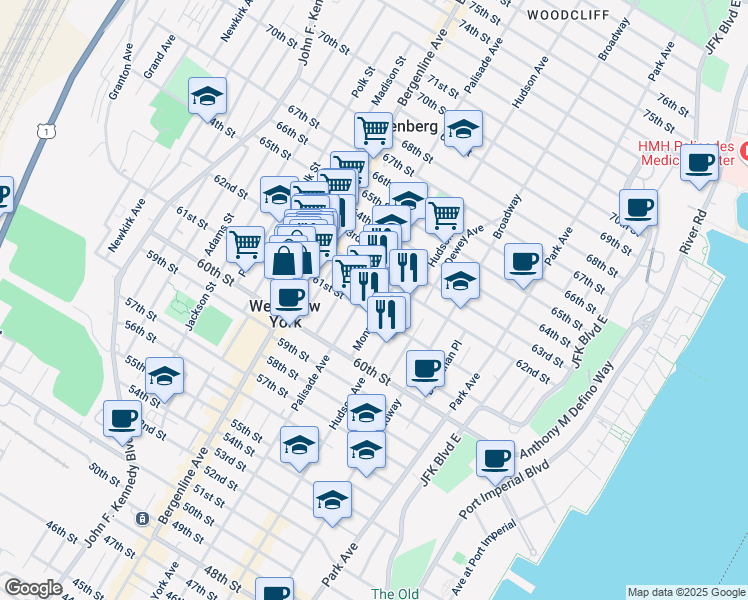 map of restaurants, bars, coffee shops, grocery stores, and more near 6107A Palisade Avenue in West New York