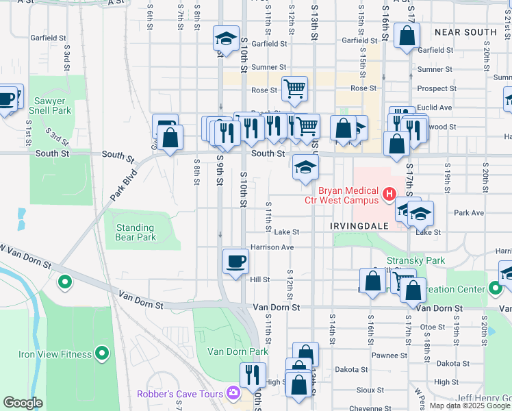 map of restaurants, bars, coffee shops, grocery stores, and more near 1026 Park Avenue in Lincoln
