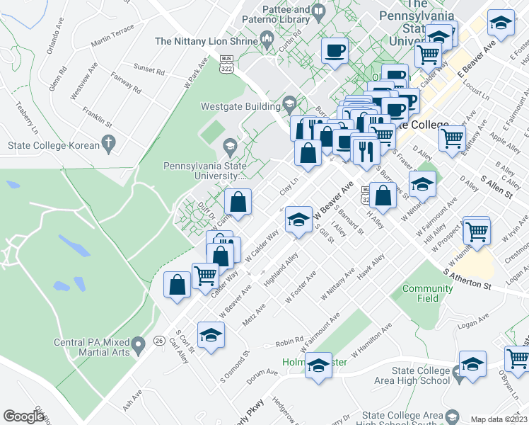 map of restaurants, bars, coffee shops, grocery stores, and more near 113 North Sparks Street in State College