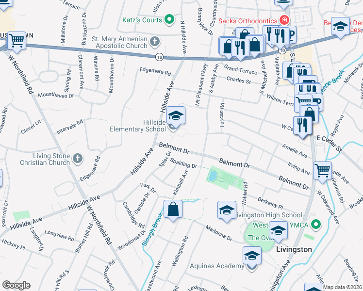 map of restaurants, bars, coffee shops, grocery stores, and more near 90 Belmont Drive in Livingston