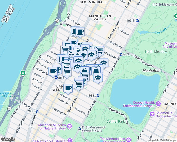 map of restaurants, bars, coffee shops, grocery stores, and more near 101 West 90th Street in New York