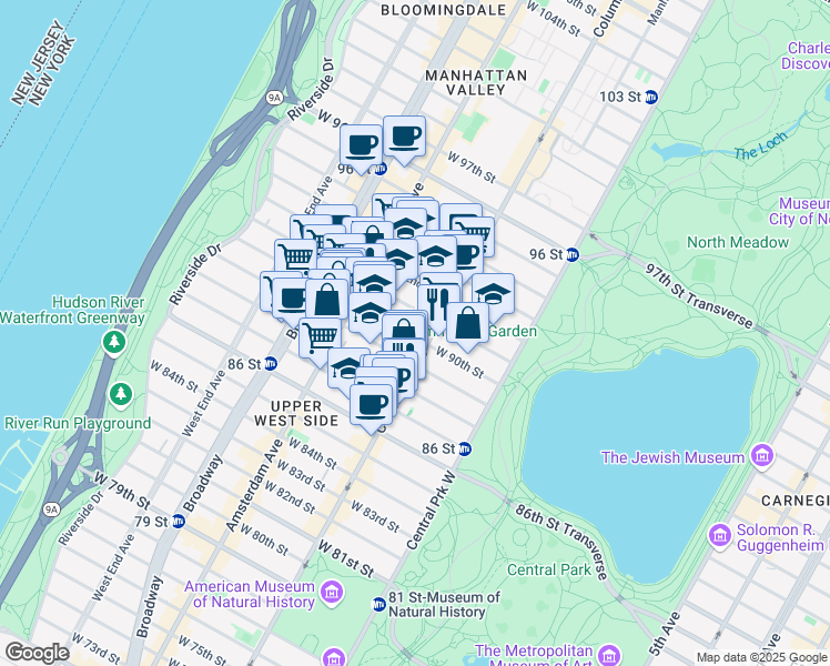 map of restaurants, bars, coffee shops, grocery stores, and more near 109 West 90th Street in New York