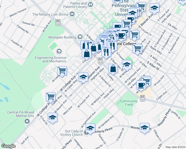 map of restaurants, bars, coffee shops, grocery stores, and more near 516 West Beaver Avenue in State College