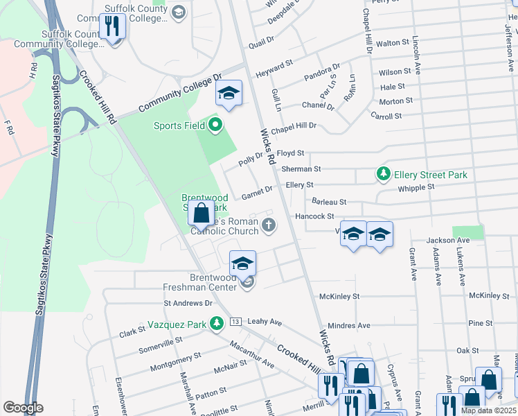 map of restaurants, bars, coffee shops, grocery stores, and more near 185 Saint Pauls Court in Brentwood
