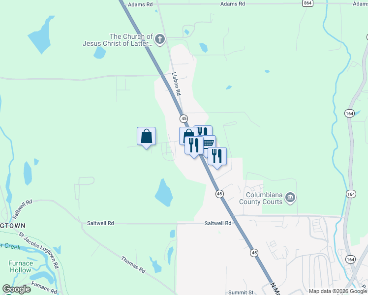 map of restaurants, bars, coffee shops, grocery stores, and more near 7629 Ohio 45 in Lisbon