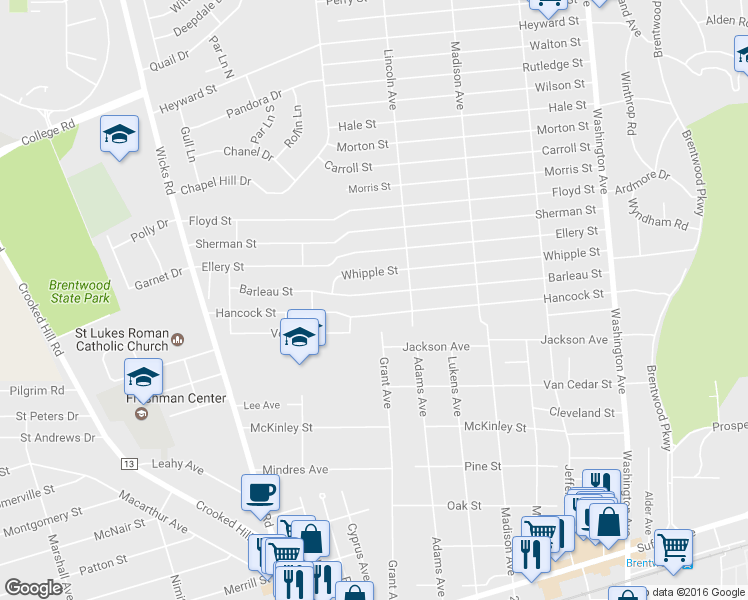 map of restaurants, bars, coffee shops, grocery stores, and more near 320 Barleau Street in Brentwood