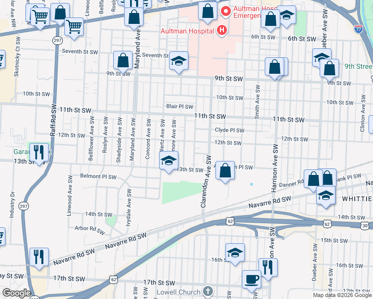 map of restaurants, bars, coffee shops, grocery stores, and more near 1211 Homewood Avenue Southwest in Canton