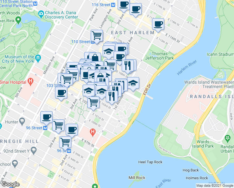 map of restaurants, bars, coffee shops, grocery stores, and more near 335 East 105th Street in New York