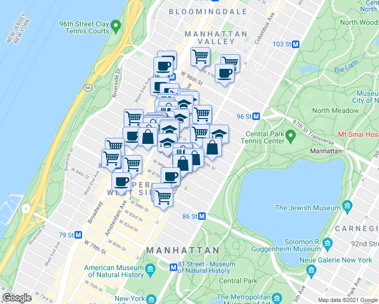 map of restaurants, bars, coffee shops, grocery stores, and more near 103 West 90th Street in New York