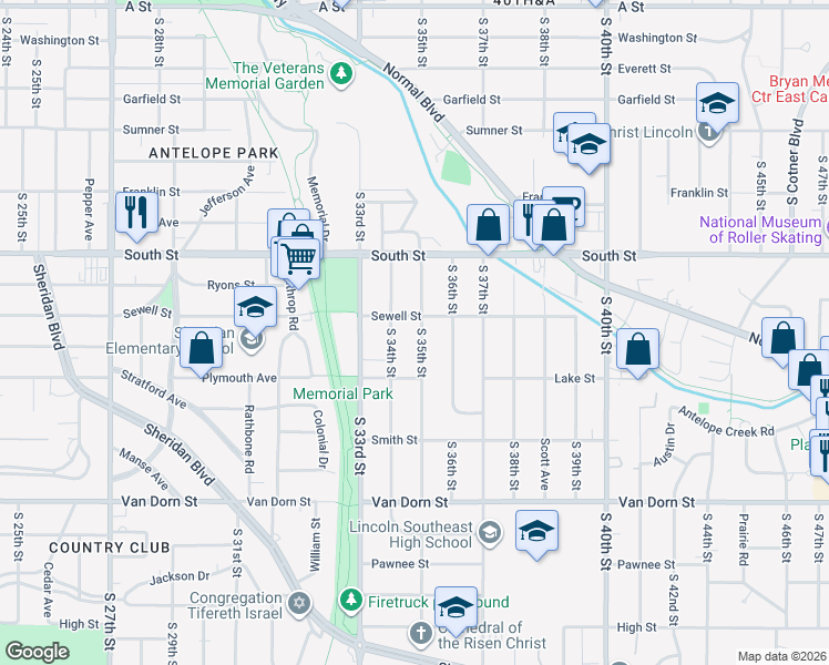 map of restaurants, bars, coffee shops, grocery stores, and more near 2323 South 35th Street in Lincoln