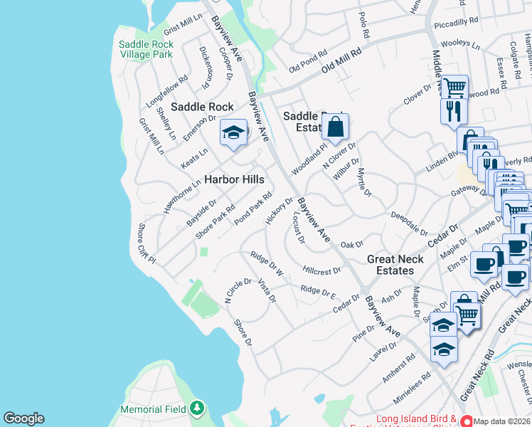 map of restaurants, bars, coffee shops, grocery stores, and more near 11 Hickory Drive in Great Neck