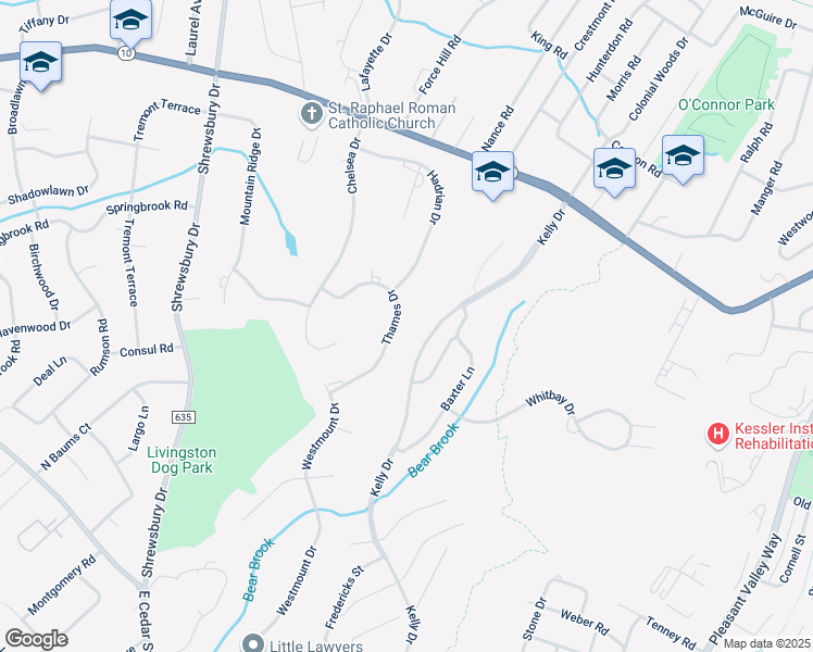 map of restaurants, bars, coffee shops, grocery stores, and more near 14 Thames Drive in Livingston