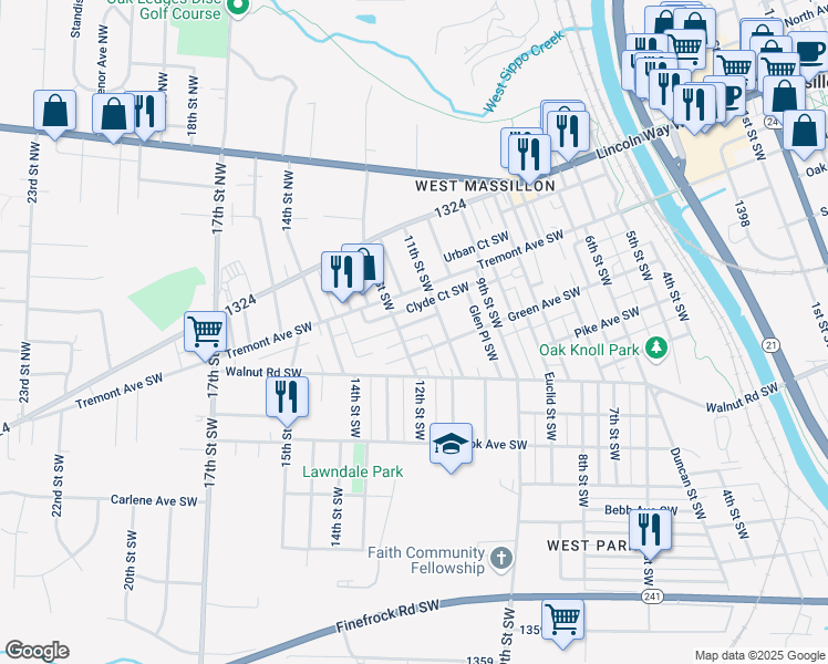 map of restaurants, bars, coffee shops, grocery stores, and more near 1137 Borden Avenue Southwest in Massillon