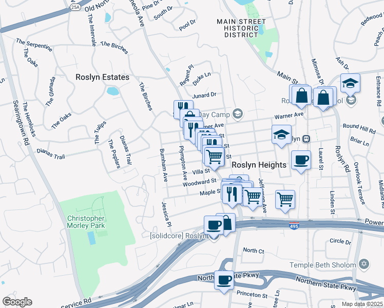 map of restaurants, bars, coffee shops, grocery stores, and more near 60 Willow St in Roslyn Heights