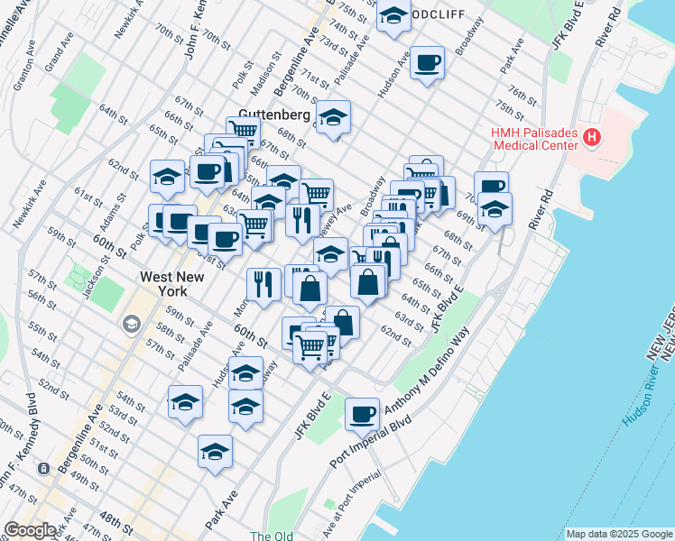 map of restaurants, bars, coffee shops, grocery stores, and more near 6304 Broadway in West New York