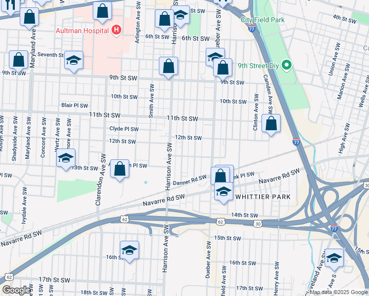 map of restaurants, bars, coffee shops, grocery stores, and more near 1222 Greenfield Avenue Southwest in Canton