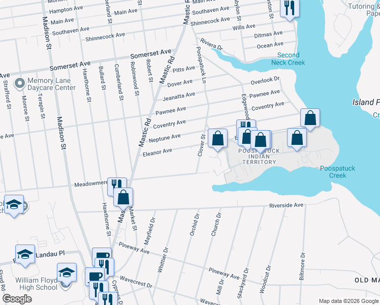 map of restaurants, bars, coffee shops, grocery stores, and more near 48 Eleanor Avenue in Mastic