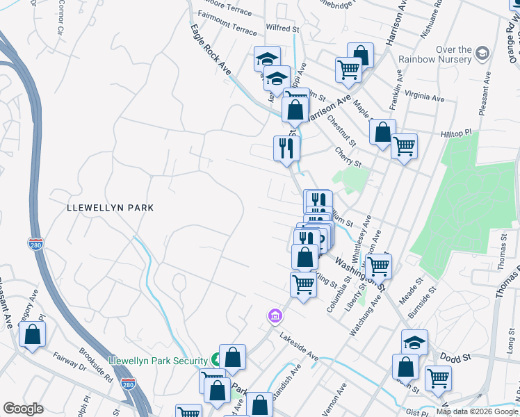 map of restaurants, bars, coffee shops, grocery stores, and more near 50 Ridgehurst Road in West Orange