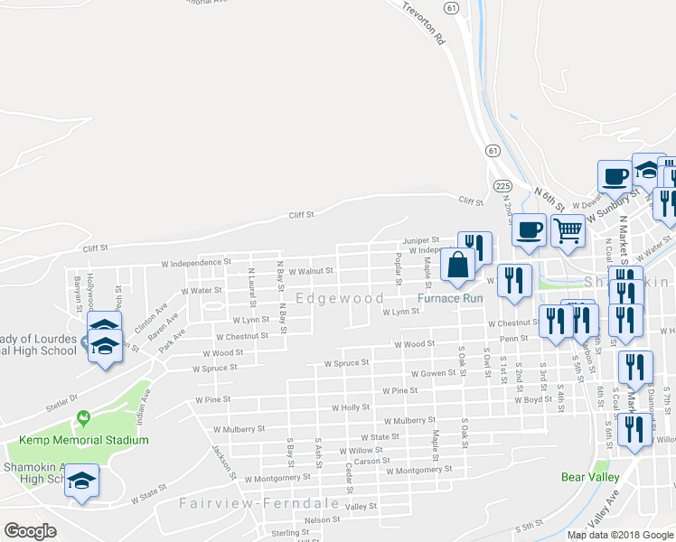 map of restaurants, bars, coffee shops, grocery stores, and more near 1300 West Walnut Street in Edgewood
