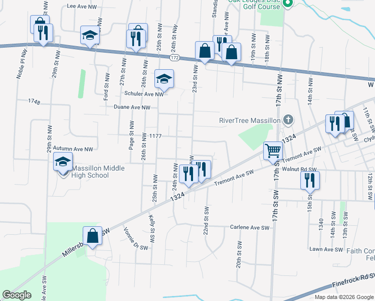 map of restaurants, bars, coffee shops, grocery stores, and more near 93 23rd St NW in Massillon