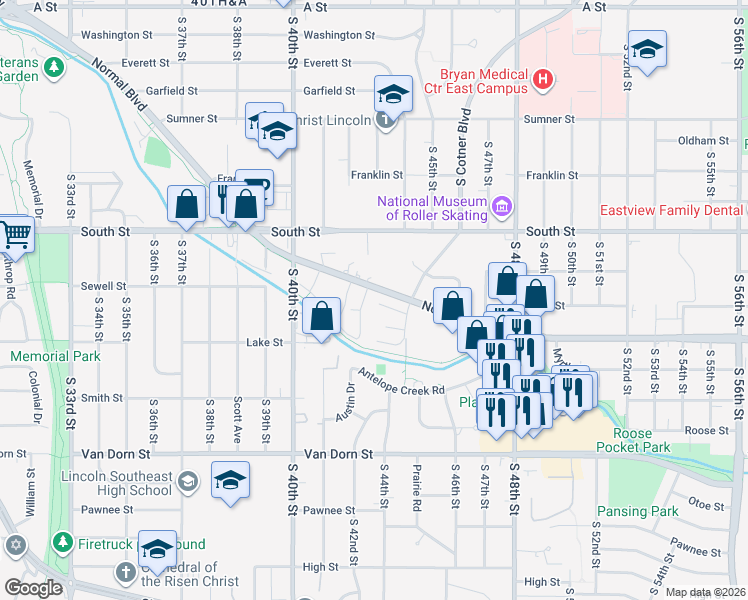 map of restaurants, bars, coffee shops, grocery stores, and more near 4225 Normal Boulevard in Lincoln