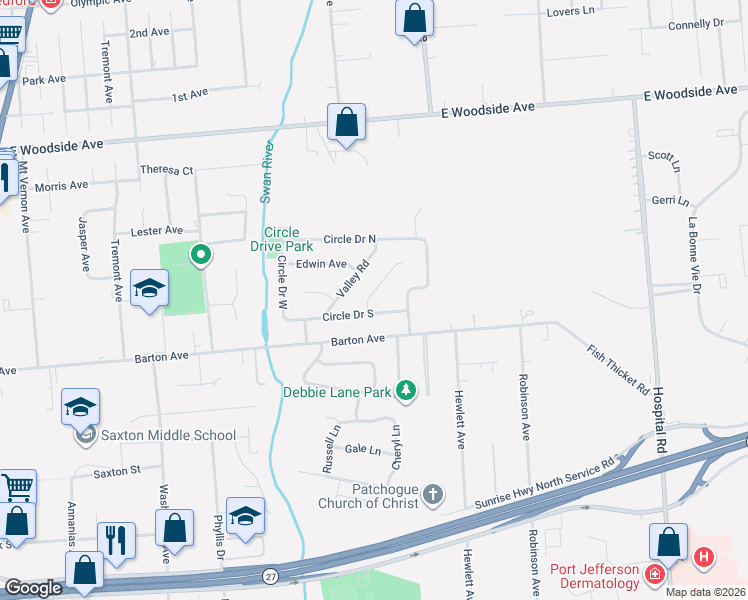 map of restaurants, bars, coffee shops, grocery stores, and more near 6 Roslyn Court in East Patchogue