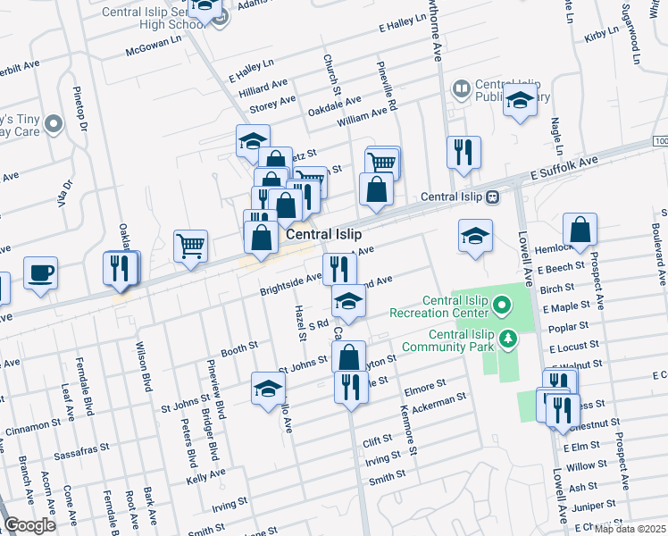 map of restaurants, bars, coffee shops, grocery stores, and more near 20 Carleton Avenue in Central Islip