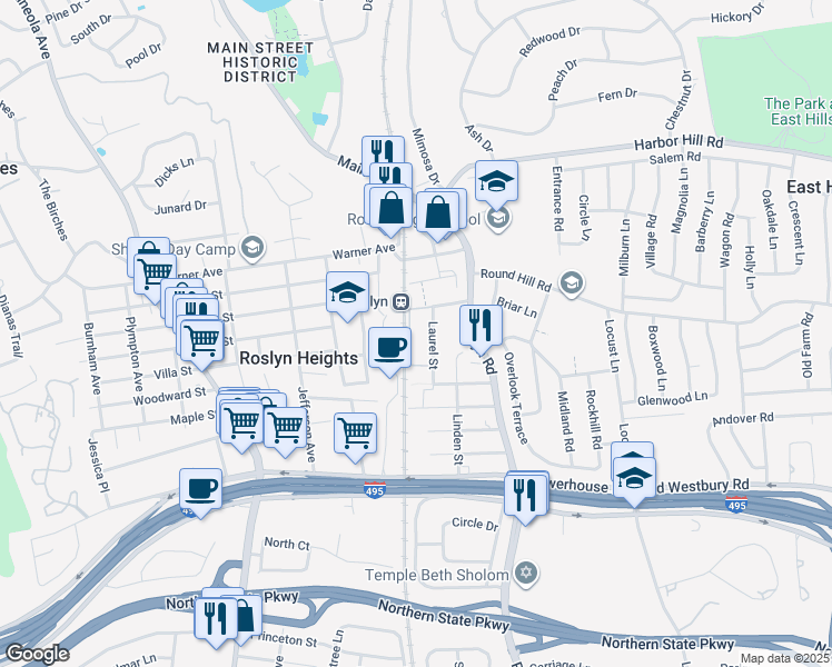 map of restaurants, bars, coffee shops, grocery stores, and more near 140 Laurel Street in Roslyn Heights