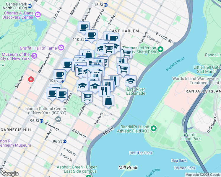map of restaurants, bars, coffee shops, grocery stores, and more near 347 East 105th Street in New York