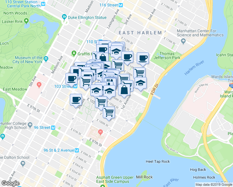 map of restaurants, bars, coffee shops, grocery stores, and more near 306 East 105th Street in New York