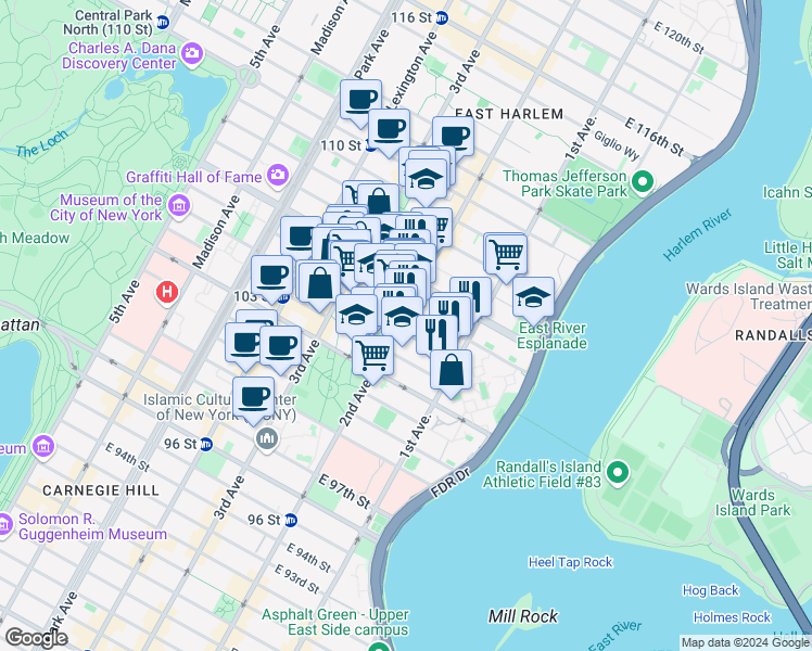 map of restaurants, bars, coffee shops, grocery stores, and more near 306 East 105th Street in New York