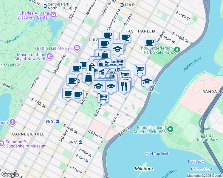 map of restaurants, bars, coffee shops, grocery stores, and more near 306 East 105th Street in New York