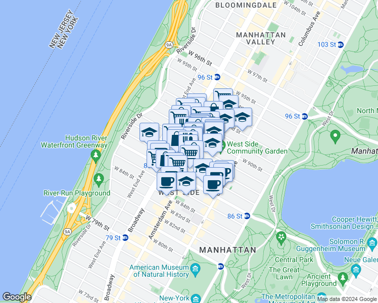 map of restaurants, bars, coffee shops, grocery stores, and more near 614 A Amsterdam Avenue in New York