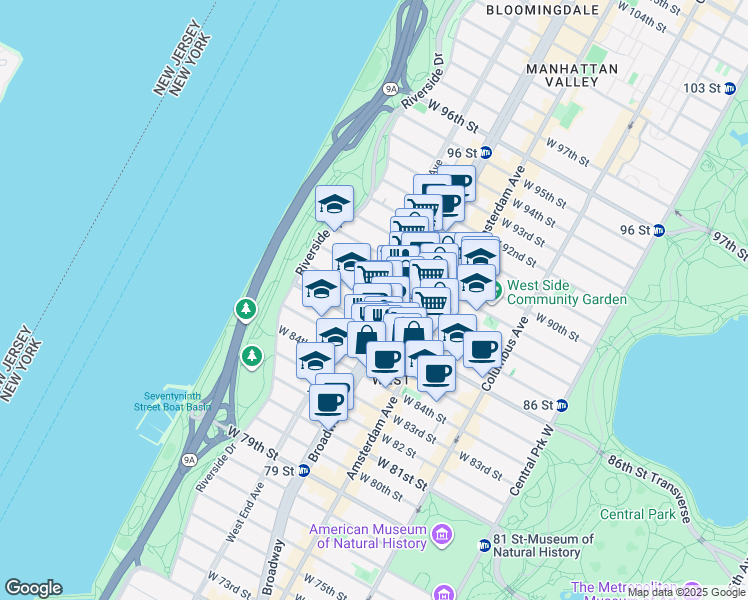map of restaurants, bars, coffee shops, grocery stores, and more near 269 West 87th Street in New York