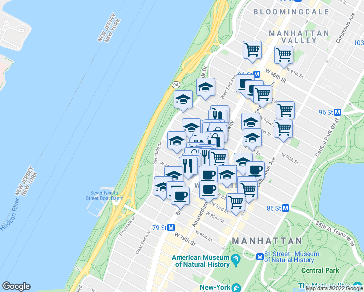 map of restaurants, bars, coffee shops, grocery stores, and more near 313 West 86th Street in New York