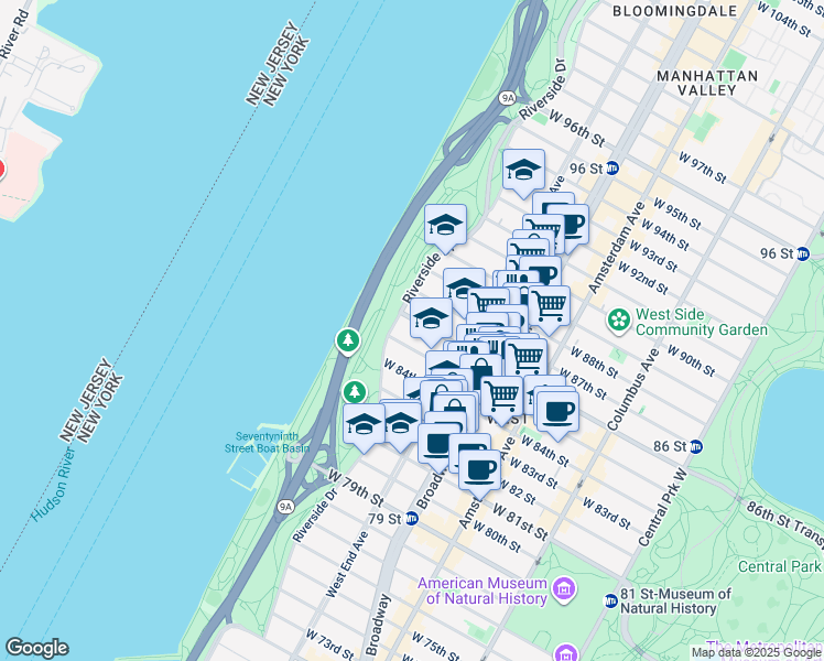 map of restaurants, bars, coffee shops, grocery stores, and more near 340 West 86th Street in New York