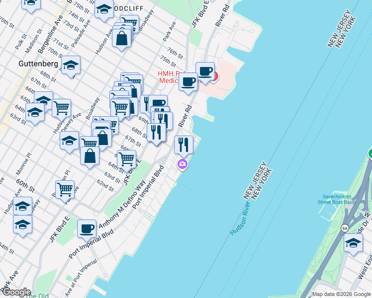 map of restaurants, bars, coffee shops, grocery stores, and more near 31 Lydia Drive in Guttenberg