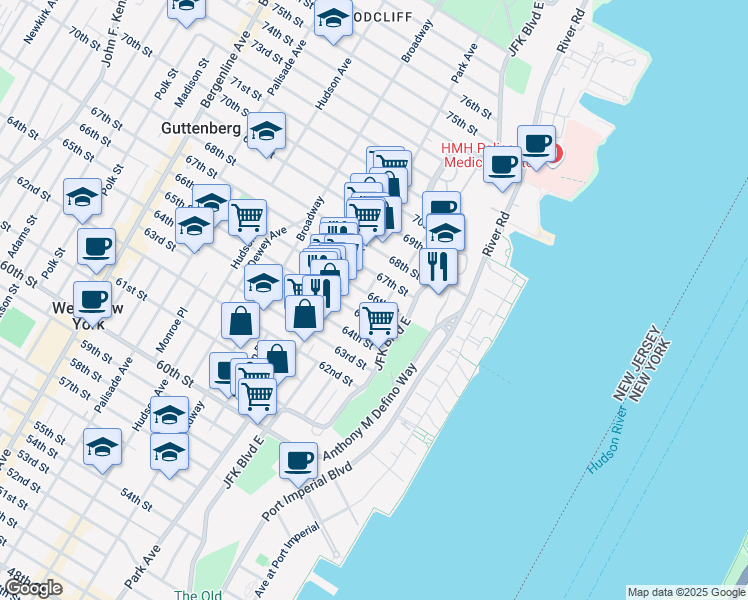 map of restaurants, bars, coffee shops, grocery stores, and more near 6612B Lincoln Place in West New York
