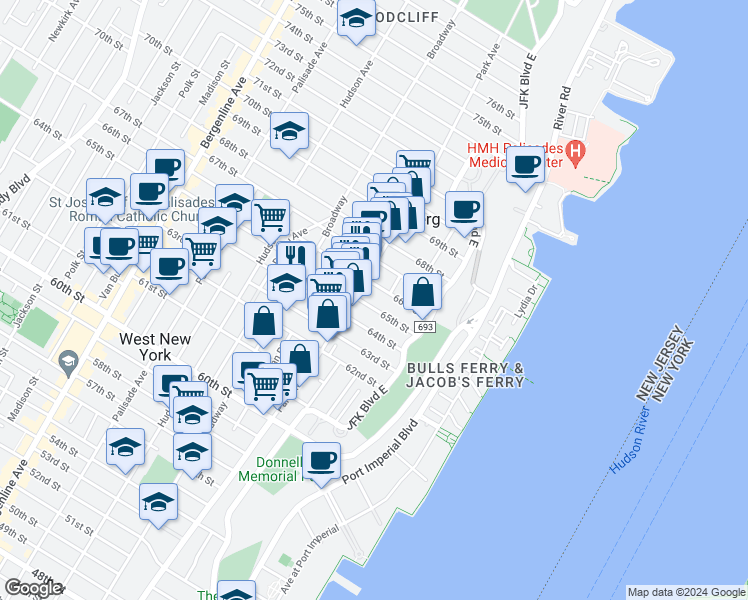 map of restaurants, bars, coffee shops, grocery stores, and more near 6509 Park Avenue in West New York