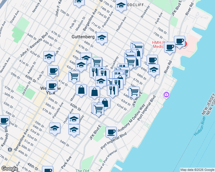 map of restaurants, bars, coffee shops, grocery stores, and more near 122 64th Street in West New York