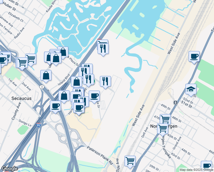 map of restaurants, bars, coffee shops, grocery stores, and more near 110 Park Plaza Drive in Secaucus
