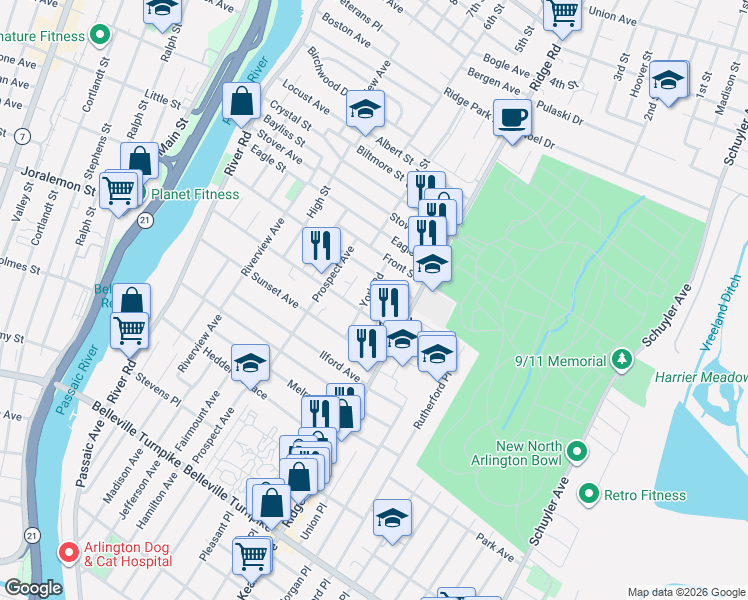 map of restaurants, bars, coffee shops, grocery stores, and more near 40 York Road in North Arlington