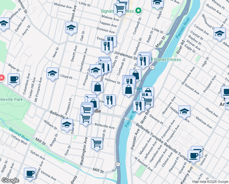 map of restaurants, bars, coffee shops, grocery stores, and more near 248 Cortlandt Street in Belleville