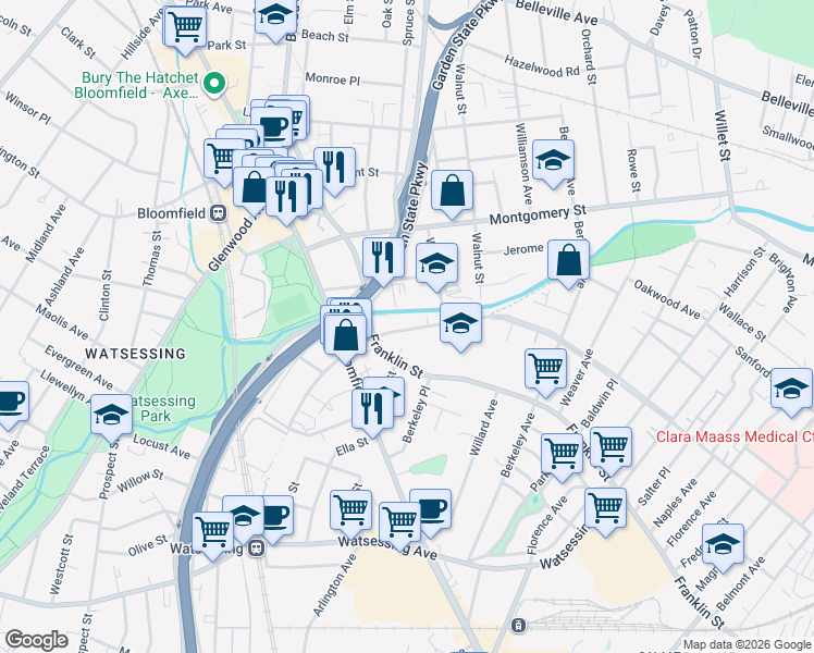 map of restaurants, bars, coffee shops, grocery stores, and more near 249 Newark Avenue in Bloomfield