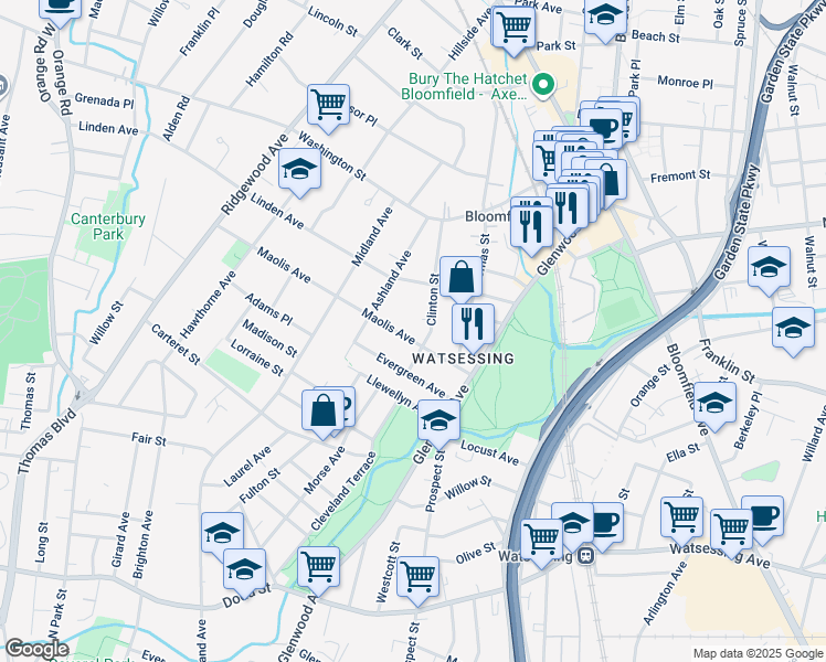 map of restaurants, bars, coffee shops, grocery stores, and more near 53 Maolis Avenue in Bloomfield