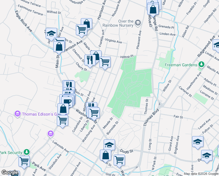 map of restaurants, bars, coffee shops, grocery stores, and more near 92 High Street in West Orange