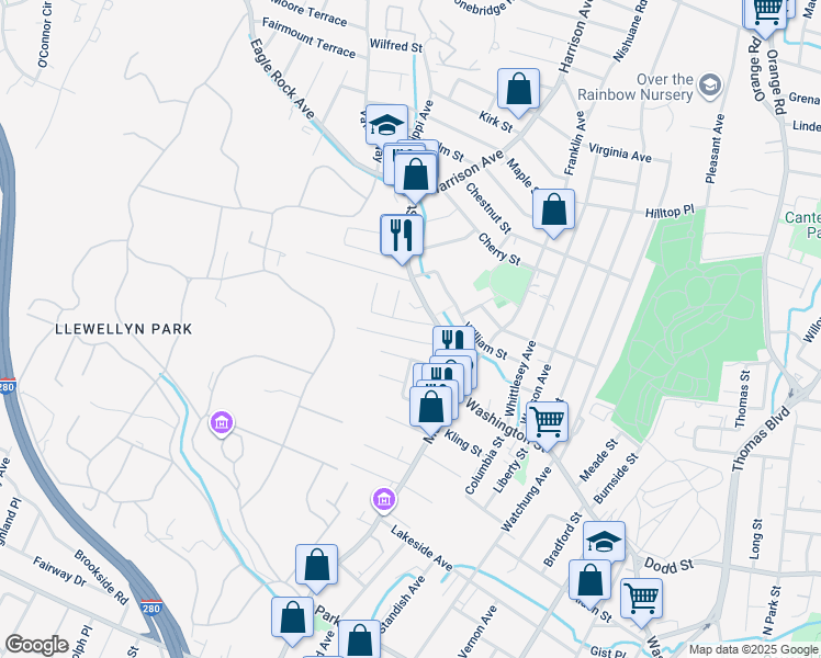 map of restaurants, bars, coffee shops, grocery stores, and more near 17 McKinley Avenue in West Orange