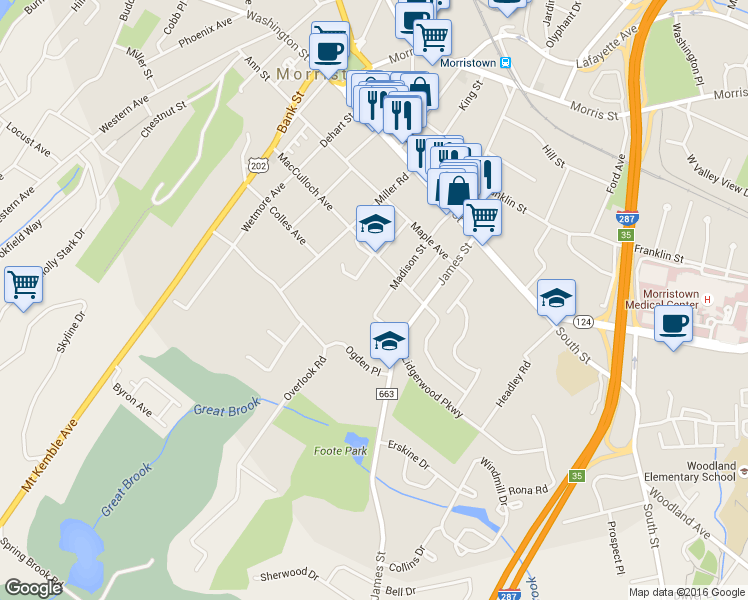 map of restaurants, bars, coffee shops, grocery stores, and more near 67 Madison Street in Morristown