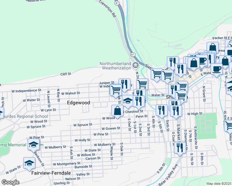 map of restaurants, bars, coffee shops, grocery stores, and more near 920 West Walnut Street in Edgewood