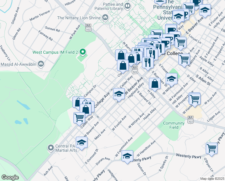 map of restaurants, bars, coffee shops, grocery stores, and more near 622 West College Avenue in State College